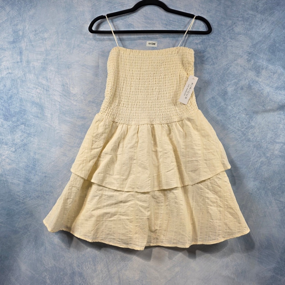 Kirious Los Angeles Womens Smocked Tiered Mini Dress Cream Spaghetti Strap Large